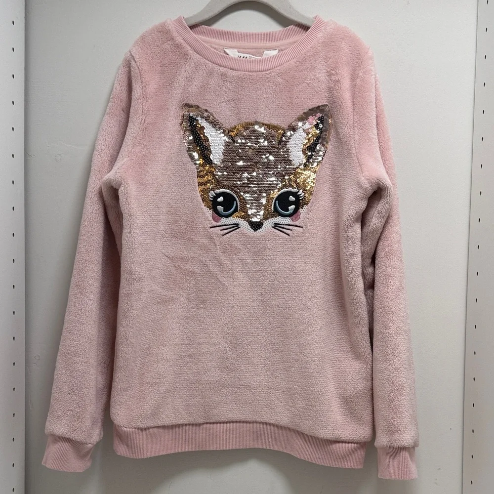 H&M Pink Fleece Sweatshirt with reversible Sequin Fox sz 8-10